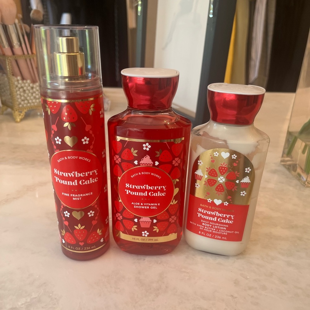 Bath and Body Works Strawberry Poundcake Showergel Lotion and Body Spray.